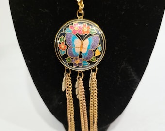 Vintage Cloisonne Butterfly Enamel Pendant Tassel Chain Necklace Dreamcatcher
