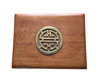Vintage Wood Playing Card Box, Brass Medallion, Longevity Symbol, Asian Decor