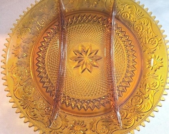 Vintage Tiara Indiana Amber Glass Platter, Divided Relish Dish, Party Tray, 12"