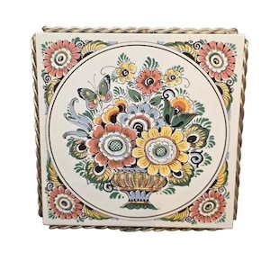 Vintage Delft Polychrome Dutch Floral Trivet, Decorative Ceramic Tile Pot Holder