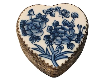 Vintage Chinoiserie Heart Trinket Box Jewelry Storage Keepsakes Porcelain