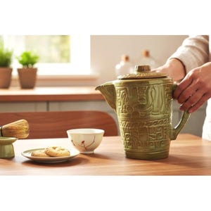 Vintage Frankoma Keramik Maya Aztec Tekanna Pitcher Prärie Grön Tan 7,5 tum