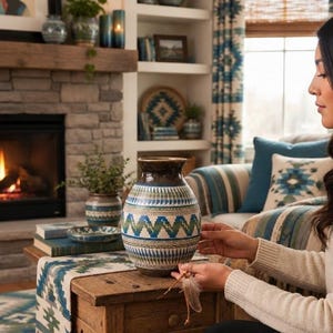 May include: A ceramic vase with a rounded body and a tapered neck, featuring horizontal bands of geometric patterns in shades of blue, green, and cream. The surface has a textured finish with a dark brown rim and a matching smaller pot nearby.