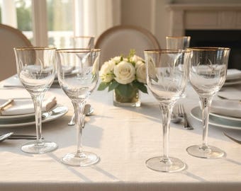 5 Marquis by Waterford Melodia Gold Rim Etched Floral Wine Glasses Clear Fluted