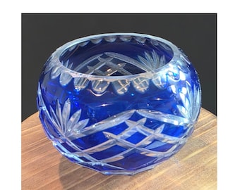 Fifth Avenue Crystal Cobalt Blue Cut to Clear Votive Holder Mini Floral Vase