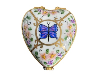 Limoges France Hand Painted Heart Porcelain Trinket Box Butterfly Floral Gold