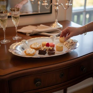 Puede incluir: Una bandeja de servicio ovalada de plata con bordes recortados ornamentados, que contiene un surtido de pasteles pequeños, incluyendo tartas, cupcakes y macarons. La bandeja está pulida y brillante, mostrando varios postres coloridos.