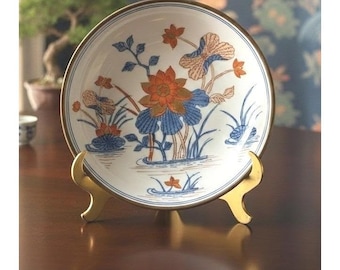 Vintage Ming Porcelain Brass Bowl, Asian Wall Art, Lotus Flower Home Decor