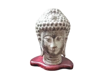 Vintage Green Iron Buddha Bust with Redwood Stand, Asian Decor Zen Meditation