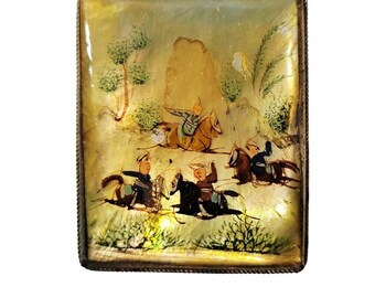 Vintage Hand-Painted Mother of Pearl Brooch Pin Persian Horse Riders Silver