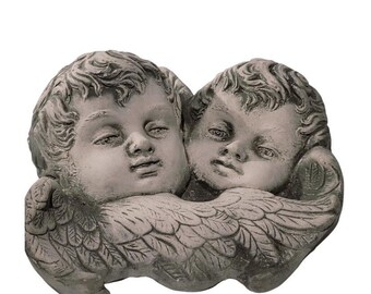 Cherub Angels Wall Sculpture Plaque, Indoor Outdoor Decor Country French Gray