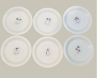 Juego de 6 platos de postre vintage Williams Sonoma con diseño de muñeco de nieve, surtidos, color blanco navideño.