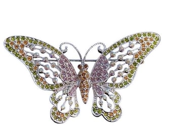 VTG Multi-Color Rhinestone Butterfly Brooch Silver Filigree Spring Jewelry