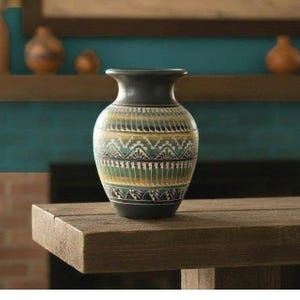 S Dennison Navajo Dine Etched Sgraffito Pottery Vase Grey Green Yellow 7.25"