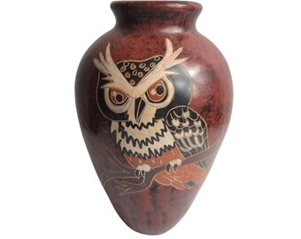 Handmade OWL Vase, Nicaraguan Pottery,  Signed Calera,  Whimsical Decor, Floral Planter, Rust Brown 8"