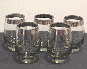 Vintage Kitchen Decor, 5 Juice Glasses,  MCM Barware, Smoke Gray Silver, Cocktail Tumblers, Retro Serveware
