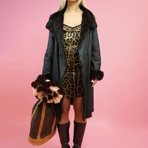 Vintage Shearling Midi Coat – Dark Brown Leather with Inner Fur Lining, Lightweight & Soft