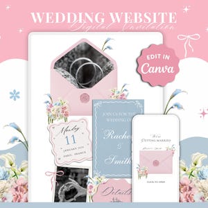 Puede incluir: Diseño de invitación de boda digital con un esquema de color rosa y azul. El diseño incluye un sobre con anillos, arreglos florales y una maqueta de teléfono inteligente. El texto incluye "Wedding Website", "Edit in Canva" y detalles de la boda.