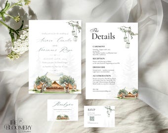 May include: A set of wedding stationery featuring watercolor illustrations. The invitation, details card, thank you card, and RSVP card have a soft, elegant design with botanical accents and event details.