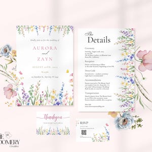 Printable Wildflower Wedding Invitation Suite, Green Watercolor Floral Bundle, Save the Date, RSVP, Details, Thank You Card, Wedding Invite