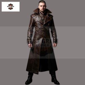 Men&#39;s Gothic Hooded Leather Trench Coat: Brown Warrior Cosplay