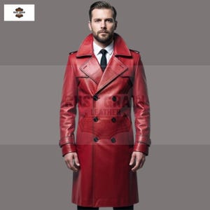 Red Leather Trench Coat: Double-Breasted Gothic Overcoat