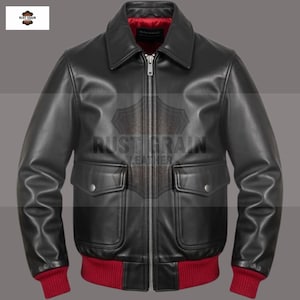 Men&#39;s Black Lambskin Leather Bomber Jacket - Red Trim, Handmade