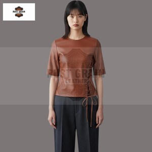 Brown Genuine Leather Top - Chic Leather Corset Shirt -  Gift for Her - Handmade Edgy Leather Shirt -  Stylish Lace-Up Design