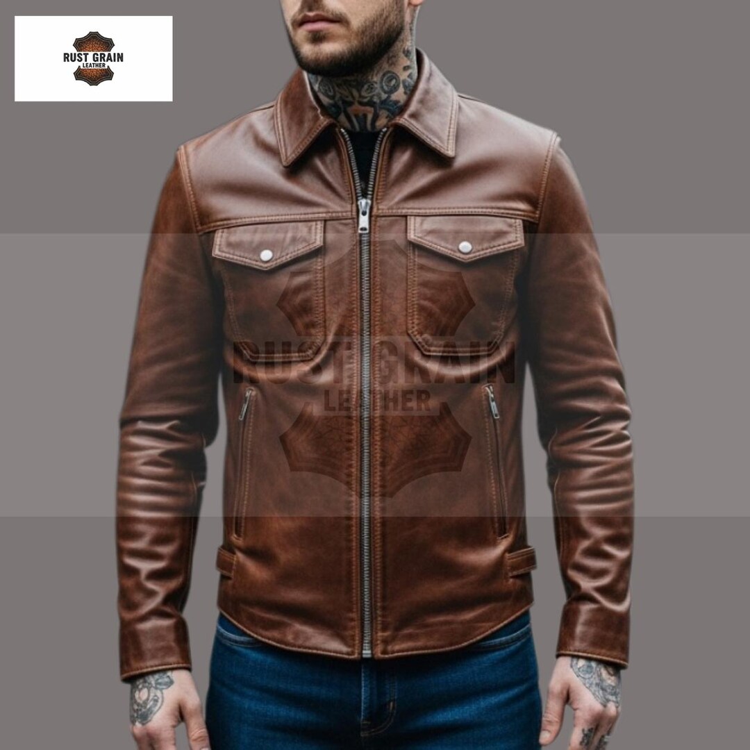 ブラウンの本革トラッカージャケット：メンズレトロバイカー