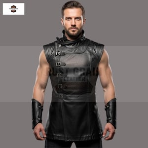 Dystopian Ranger Sleeveless Leather Jacket - Handmade Leather Armor vest with Buckles - Black Leather Knight Costume - Genuine Leather Vest