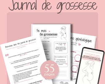 Può includere: Un diario di gravidanza a tema rosa con il titolo "Journal de grossesse" in grandi caratteri. L'immagine mostra le pagine del diario, un mockup digitale e il testo "55 pagine". Il diario include suggerimenti e spazio per registrare le esperienze di gravidanza.