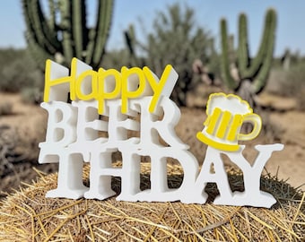 Happy Birthday Sign | Beer Birthday Decoration | 3D Printed Standee | Fun Table Decoration for Beer Lovers | Men's Birthday Decoration