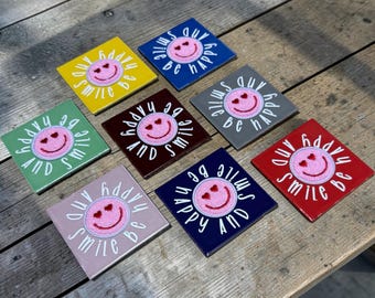 Handmade smiley tile | Positive affirmation decor | Ceramic coaster | Gift for girlfriend | Happy vibes | Back to school | Gift