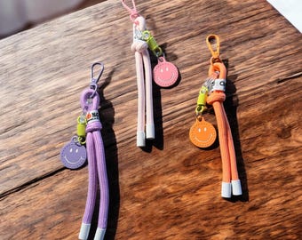 Y2K Cord Keychain | Colorful Smiley Charm | Braided Bag Charm | Retro Aesthetic | Pastel Accessory | Lanyard for