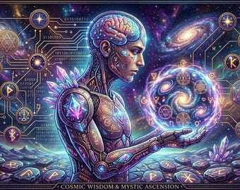 AI Cyborg Art Print – Cosmic Wisdom, Mystic Ascension, Galaxy Wall Decor (digitale download)