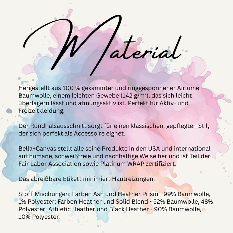 May include: A graphic with the word "Material" in a cursive font, set against a watercolor-style background of pink, blue, and purple hues. Text below details fabric composition and features.