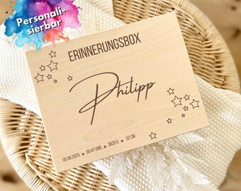 Boîte à souvenirs en bois personnalisée avec nom et date de naissance, cadeau de baptême, cadeau de naissance, boîte à souvenirs de bébé en bois personnalisée