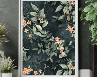 Affiche botanique sombre, impression d'art floral, décoration murale esthétique verte, élégante, style nature, cadeau de pendaison de crémaillère, style anime