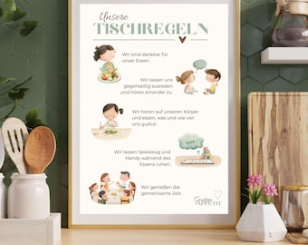 Affiche des règles de la table - Pleine conscience axée sur les besoins des enfants - Décoration murale familiale - Cadeau pour la salle à manger - Règles de la maison - Règles familiales