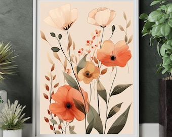 Affiche florale beige, impression d'art minimaliste et esthétique, décoration murale botanique moderne, style nature, cadeau de pendaison de crémaillère, style anime