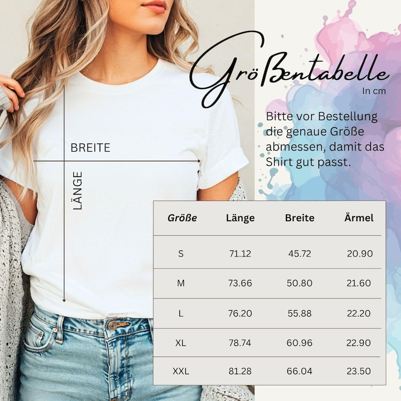 Może przedstawiać: Biały t-shirt z podwiniętymi rękawami. Obraz zawiera tabelę rozmiar&oacute;w w centymetrach, z wymiarami długości, szerokości i długości rękawa. Tabela jest oznaczona jako "Gr&ouml;&szlig;entabelle" i zawiera rozmiary od S do XXL.