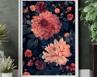 Affiche florale, fleurs sombres, illustration botanique, décoration murale esthétique, motif floral, décoration murale nature, moderne, élégant, cadeau de pendaison de crémaillère, style anime