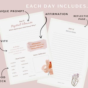 May include: Two-page journal spread with the text "Each Day Includes..." and "Day 13 Digital Cleanse." Features prompts, affirmations, and a mood tracker. Includes space for reflections and notes. The journal has a floral design and a minimalist face illustration.
