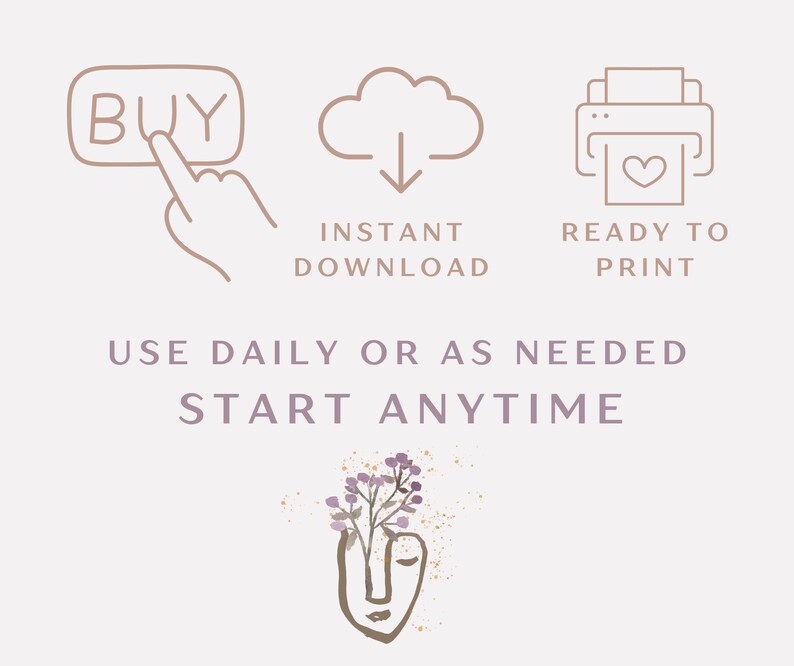 May include: A digital art print in a muted colour scheme. The design features icons for buying, instant download, and ready to print. Text reads "Use daily or as needed, start anytime." A floral face illustration is at the bottom.