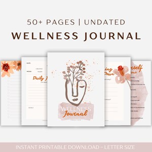 Puede incluir: Un diario de bienestar con un diseño minimalista. La portada presenta un rostro abstracto marrón con detalles florales y las palabras "Wellness Journal". El diario incluye indicaciones y páginas sin fecha. El texto "50+ PAGES | UNDATED" está en la parte superior.