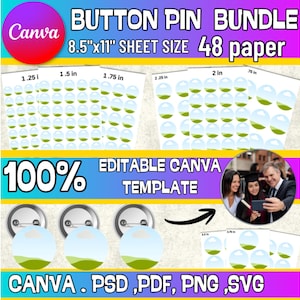 Button Pin Template, Button Pin PNG, Badge Maker, Circle Labels, Blank Pinback Sizes 1–3.75 Inches Editable Round Badge Circle Template.