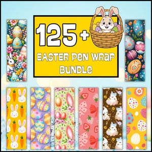 Può includere: Un'immagine che mostra un pacchetto di pen wrap a tema pasquale. L'immagine presenta uno striscione giallo con la scritta "125+ Easter Pen Wrap Bundle". I disegni includono uova di Pasqua, coniglietti, carote e motivi floreali.
