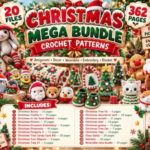 Puede incluir: Una colección de patrones de ganchillo Christmas Mega Bundle con 20 archivos y 362 páginas de patrones en PDF. La imagen muestra varias figuras amigurumi de ganchillo, incluyendo un conejo, Santa Claus, renos, gatos y árboles.