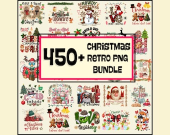 May include: A collection of Christmas-themed graphics with text that reads "450+ RETRO PNG BUNDLE". The graphics include gingerbread men, snowmen, Santa Claus, and other festive designs. The overall color scheme is a mix of red, green, and white.