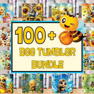 Puede incluir: Una colección de vasos con temática de abejas con varios diseños, incluyendo girasoles, arcoíris y abejas de dibujos animados. La imagen presenta un gráfico central que dice "100+ Bee Tumbler Bundle" en texto amarillo, rodeado por un borde azul.